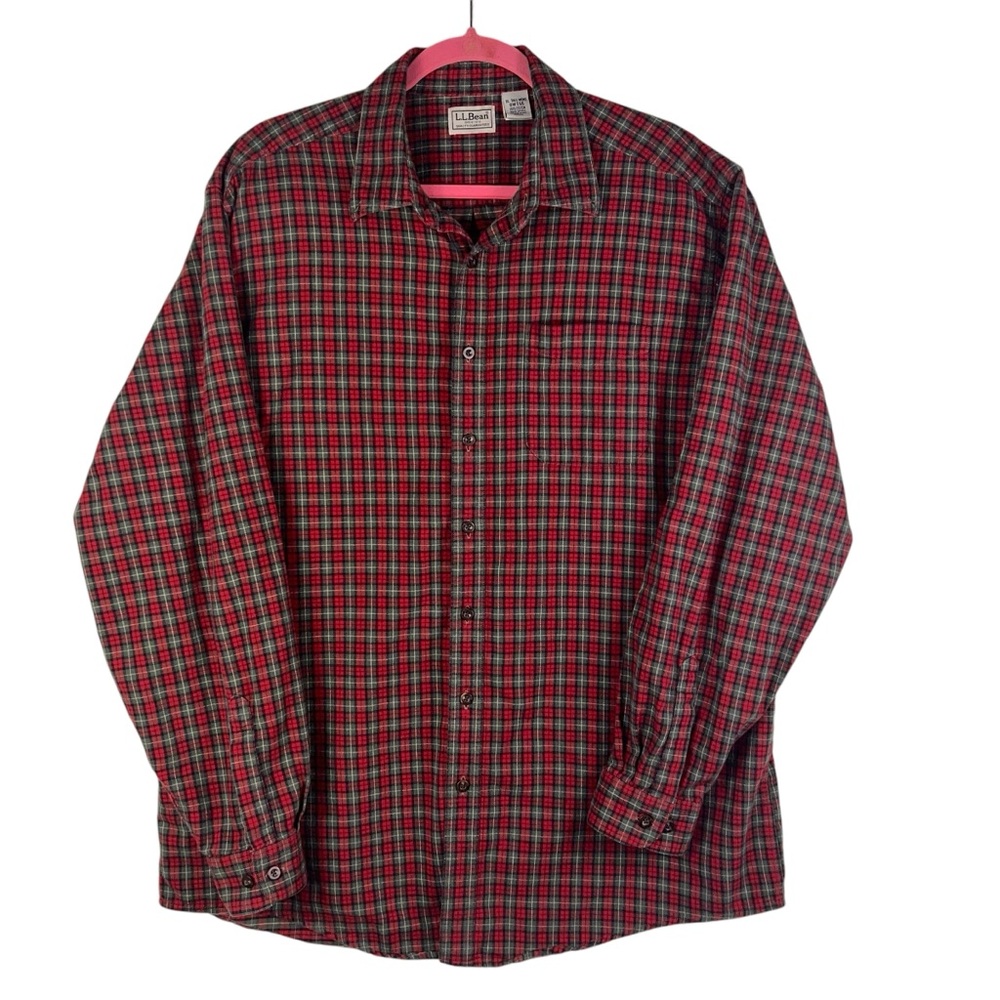 Vintage LL Bean Plaid Long Sleeve Button Up Shirt Size XL Tall Red Cotton